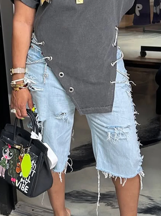 Plain Casual Denim Distressed Shorts