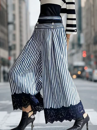 Casual Striped Buttoned Wide Leg Pants