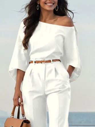 Urban Plain Irregular Craftsmanship One Shoulder Balloon Sleeve Blouse