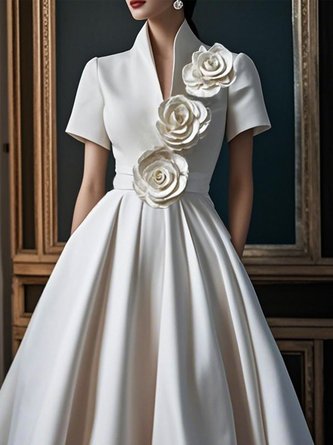 Elegant 3D Floral Plain Stand Collar Midi Dress
