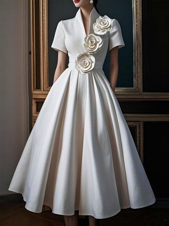 Elegant 3D Floral Plain Stand Collar Midi Dress