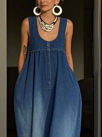 Casual Plain Distressing U-Neck Denim Maxi Dress