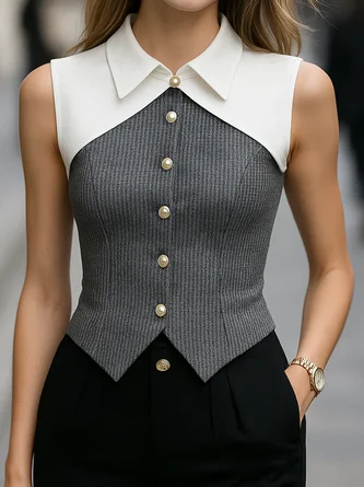 Urban Contrast Stitching Split Joint Shawl Collar Tank Top