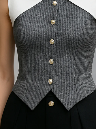 Urban Contrast Stitching Split Joint Shawl Collar Tank Top