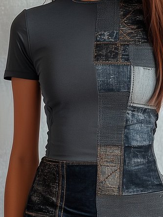 Casual Faux Denim Print Graphic Crew Neck T-shirt