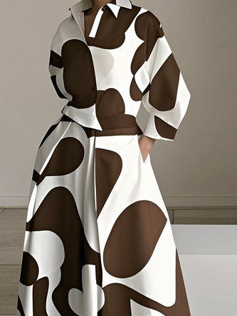 Urban Color Block Printing Shirt Collar Midi Dress