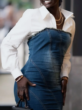 Urban Plain Distressing Strapless Denim Maxi Dress With No Shirt