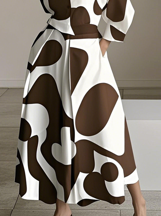 Urban Color Block Printing Shirt Collar Midi Dress