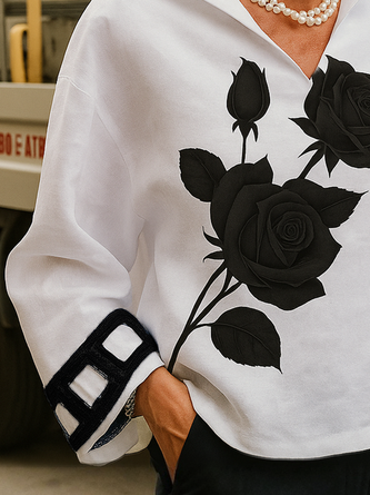 Casual Floral Printing Shawl Collar Blouse