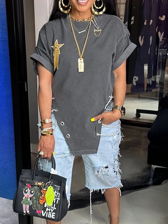 Cotton Casual Plain Chain T-shirt