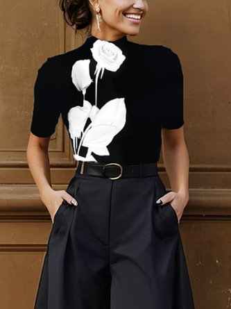 Urban Floral Printing Stand Collar T-shirt