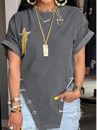 Cotton Casual Plain Chain T-shirt