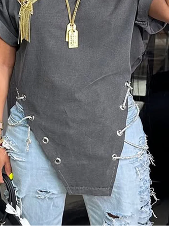 Cotton Casual Plain Chain T-shirt