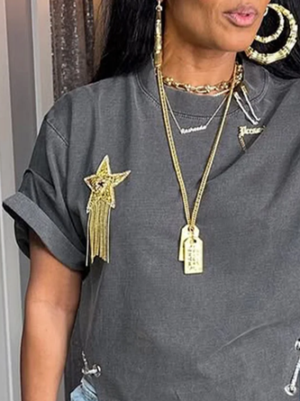 Cotton Casual Plain Chain T-shirt