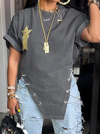 Cotton Casual Plain Chain T-shirt