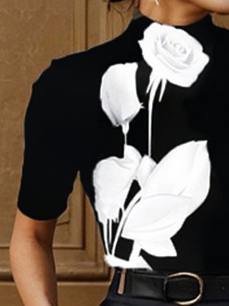 Urban Floral Printing Stand Collar T-shirt