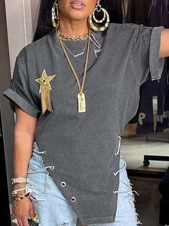 Cotton Casual Plain Chain T-shirt