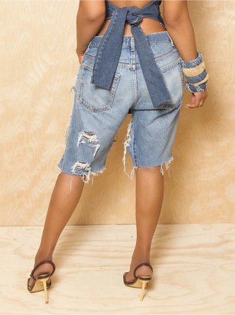 Casual Edgy Distressed Jean Shorts with Cargo Pockets