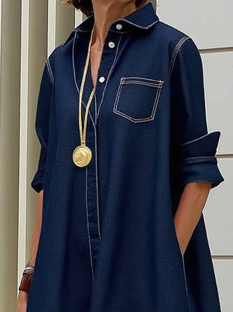 Urban Plain Shirt Collar Knee Length Denim Dress