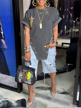 Cotton Casual Plain Chain T-shirt