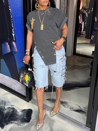 Cotton Casual Plain Chain T-shirt