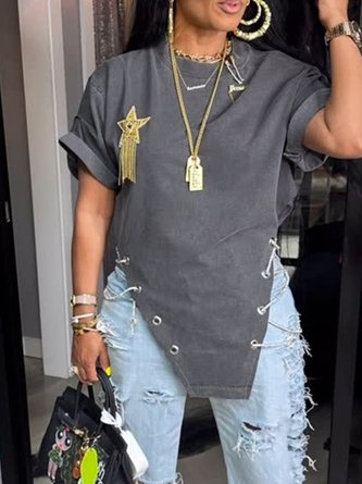 Cotton Casual Plain Chain T-shirt