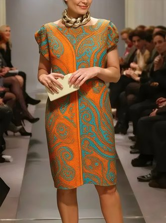 Elegant Paisley Printing Crew Neck Knee Length Dress