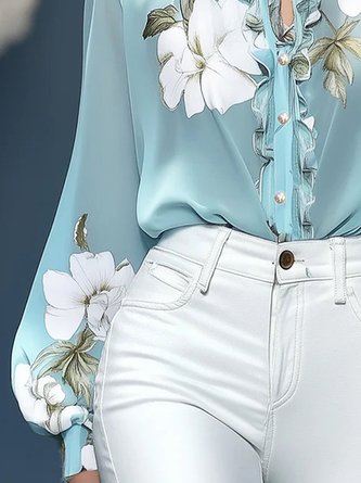 Elegant Floral Printing Stand Collar Balloon Sleeve Chiffon Blouse