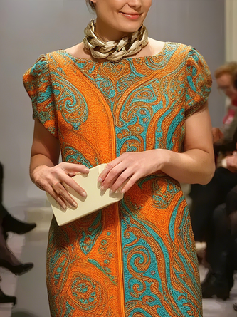 Elegant Paisley Printing Crew Neck Knee Length Dress