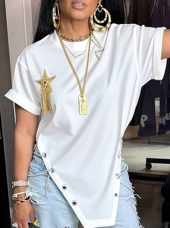 Cotton Casual Plain Chain T-shirt