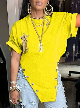 Cotton Casual Plain Chain T-shirt