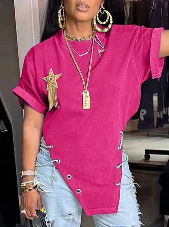 Cotton Casual Plain Chain T-shirt