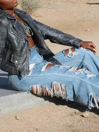 Ripped Plain Casual Loose Jeans