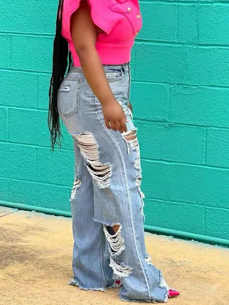 Ripped Plain Casual Loose Jeans