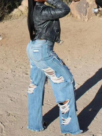 Ripped Plain Casual Loose Jeans