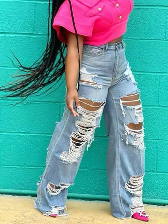 Ripped Plain Casual Loose Jeans