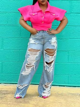 Ripped Plain Casual Loose Jeans