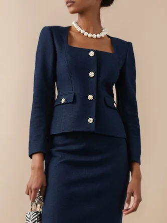 Elegant Buttoned Plain Square Neck Blazer