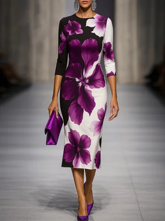 Elegant Floral Printing Midi Dress