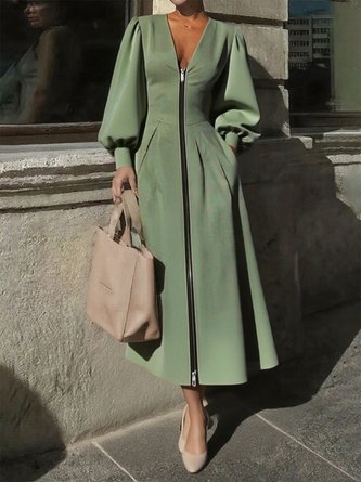 Urban Plain Balloon Sleeve Zipper V Neck Midi Dress