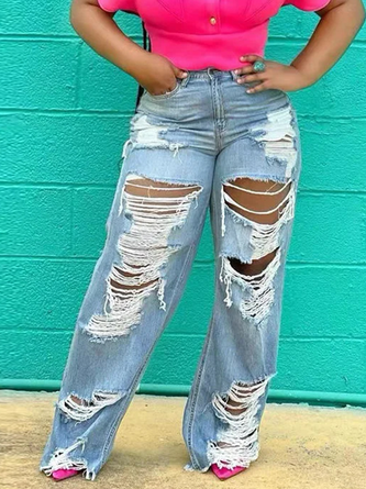 Ripped Plain Casual Loose Jeans