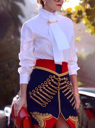 Cotton Urban Plain Tie Stand Collar Shirt With Pin Brooch