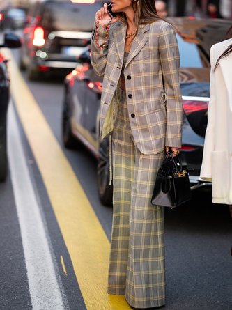 Urban Printing Plaid Lapel Collar Blazer With Belt