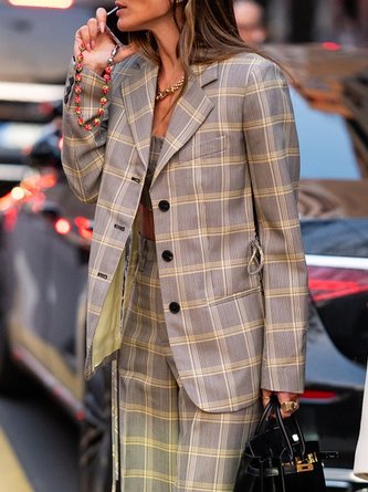 Urban Printing Plaid Lapel Collar Blazer With Belt