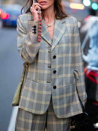 Urban Printing Plaid Lapel Collar Blazer With Belt