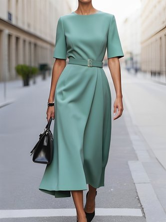 Elegant Plain Crew Neck Midi Dress Belt