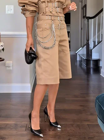 Urban Plain Chain Straight Pants Shorts With Belt