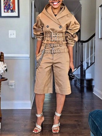 Urban Plain Chain Straight Pants Shorts With Belt