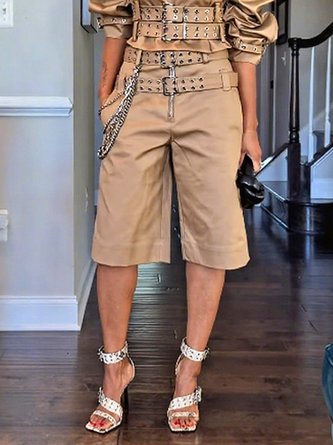 Urban Plain Chain Straight Pants Shorts With Belt