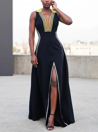 Urban Color Block Webbing Shawl Collar Maxi Dress